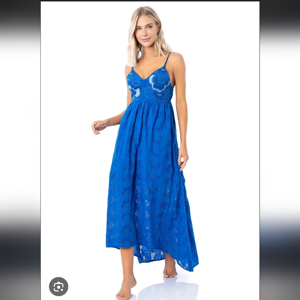 Anthropologie Maaji Blue Embroidered Eyelet High Low Maxi Dress
